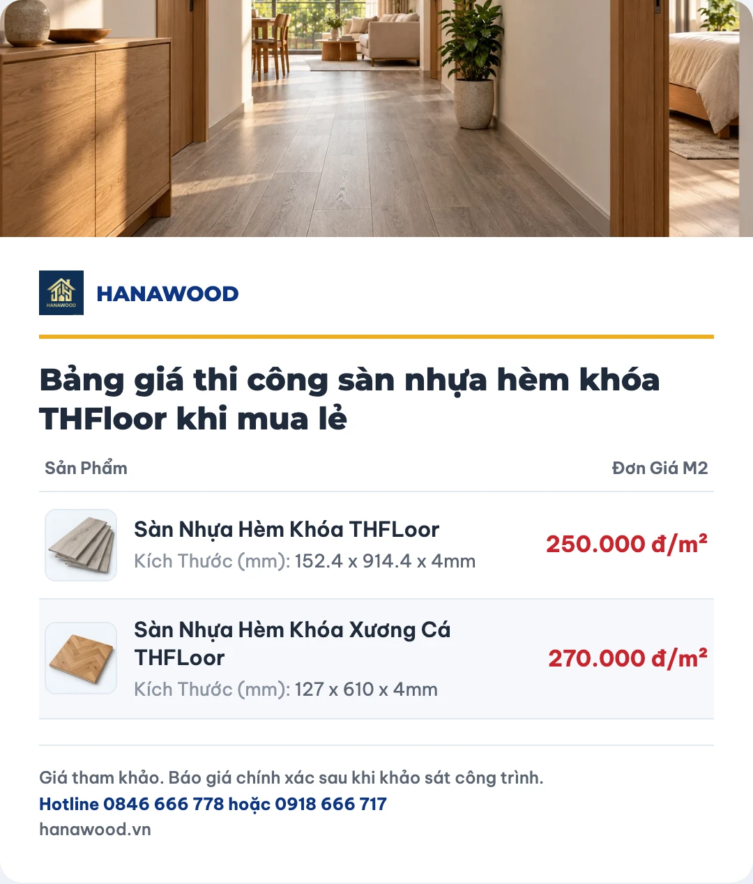 Bảng giá thi công sàn nhựa hèm khóa THFloor khi mua lẻ