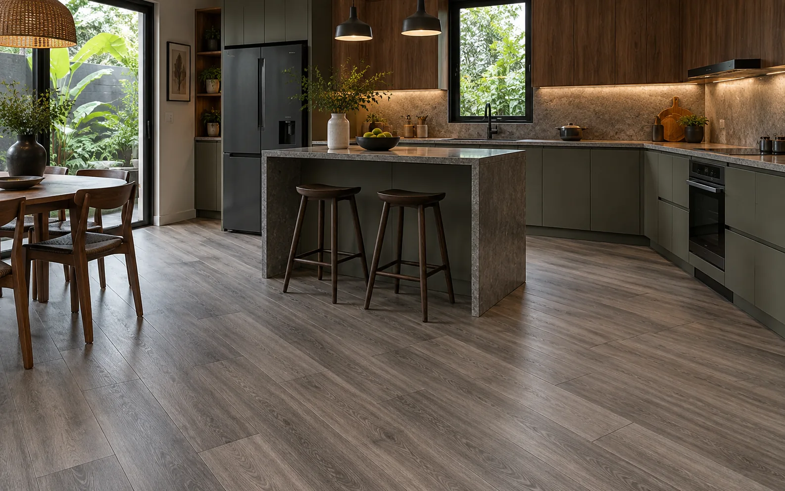 Bếp với sàn nhựa vân đá xám, tủ gỗ nâu và tủ xanh olive theo mẫu vật liệu Hanawood