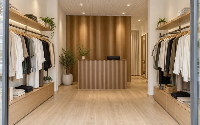 Ảnh minh họa: Shop thời trang có tường sau quầy và quầy thu ngân ốp lam vân gỗ, sàn nhựa vân sồi sáng.
