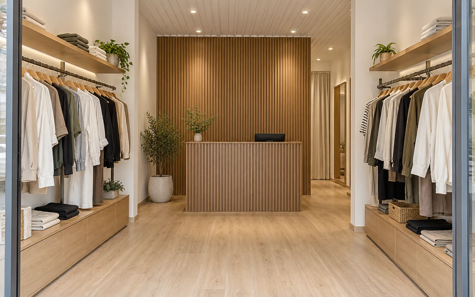 Ảnh minh họa: Shop thời trang có tường sau quầy và quầy thu ngân ốp lam vân gỗ, sàn nhựa vân sồi sáng.