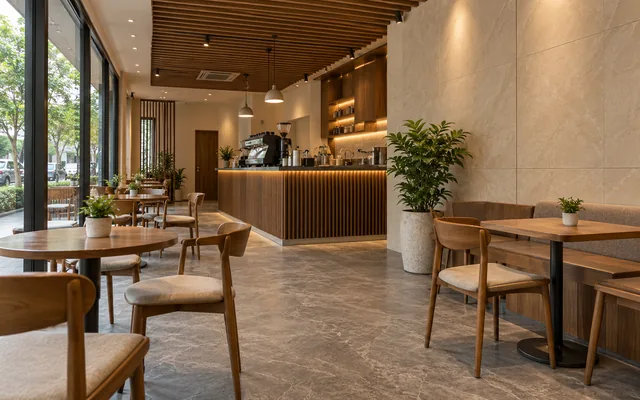 Ảnh minh họa: Quán cà phê với tường vân đá kem, quầy bar ốp lam nâu, trần nan gỗ và sàn vân đá xám.