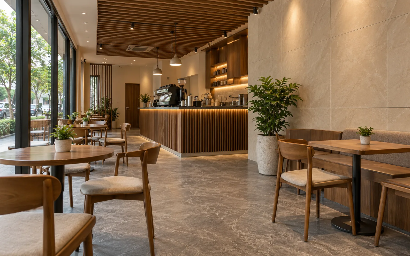 Ảnh minh họa: Quán cà phê với tường vân đá kem, quầy bar ốp lam nâu, trần nan gỗ và sàn vân đá xám.