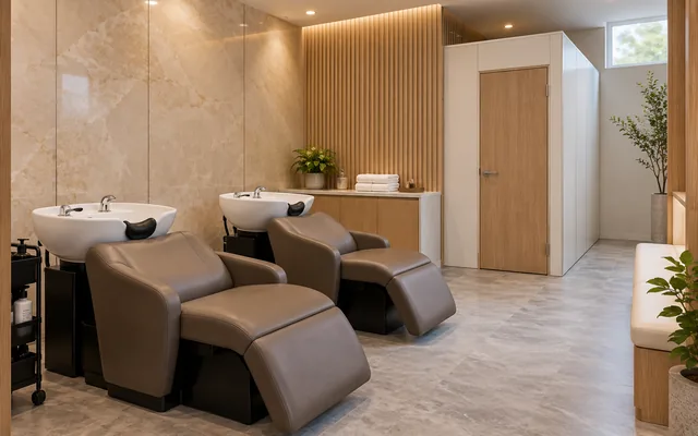 Ảnh minh họa: Khu gội đầu của tiệm spa với tường vân đá kem, vách lam vân sồi sáng và phòng thay đồ vách nhựa trắng.