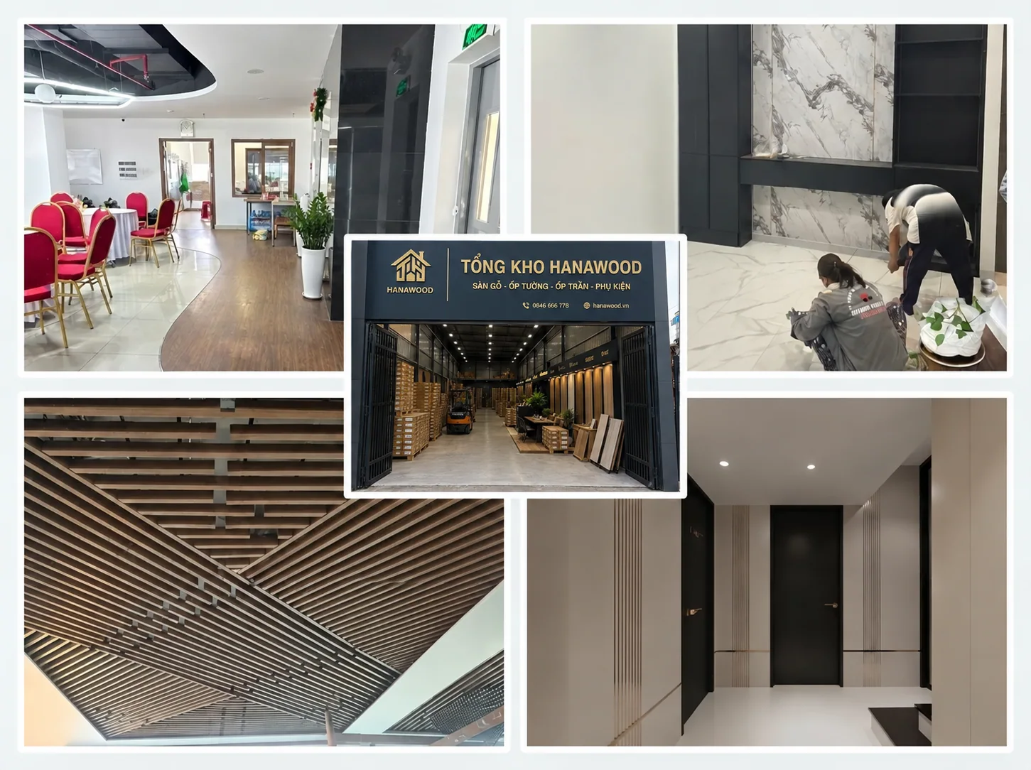 Tổng kho Hanawood: Showroom, kho vật liệu và đội thợ thi công sàn gỗ, tấm ốp tường.
