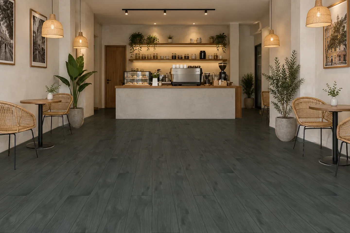 Sàn quán cà phê SPC1001 Vân gỗ xám ốp quán cà phê