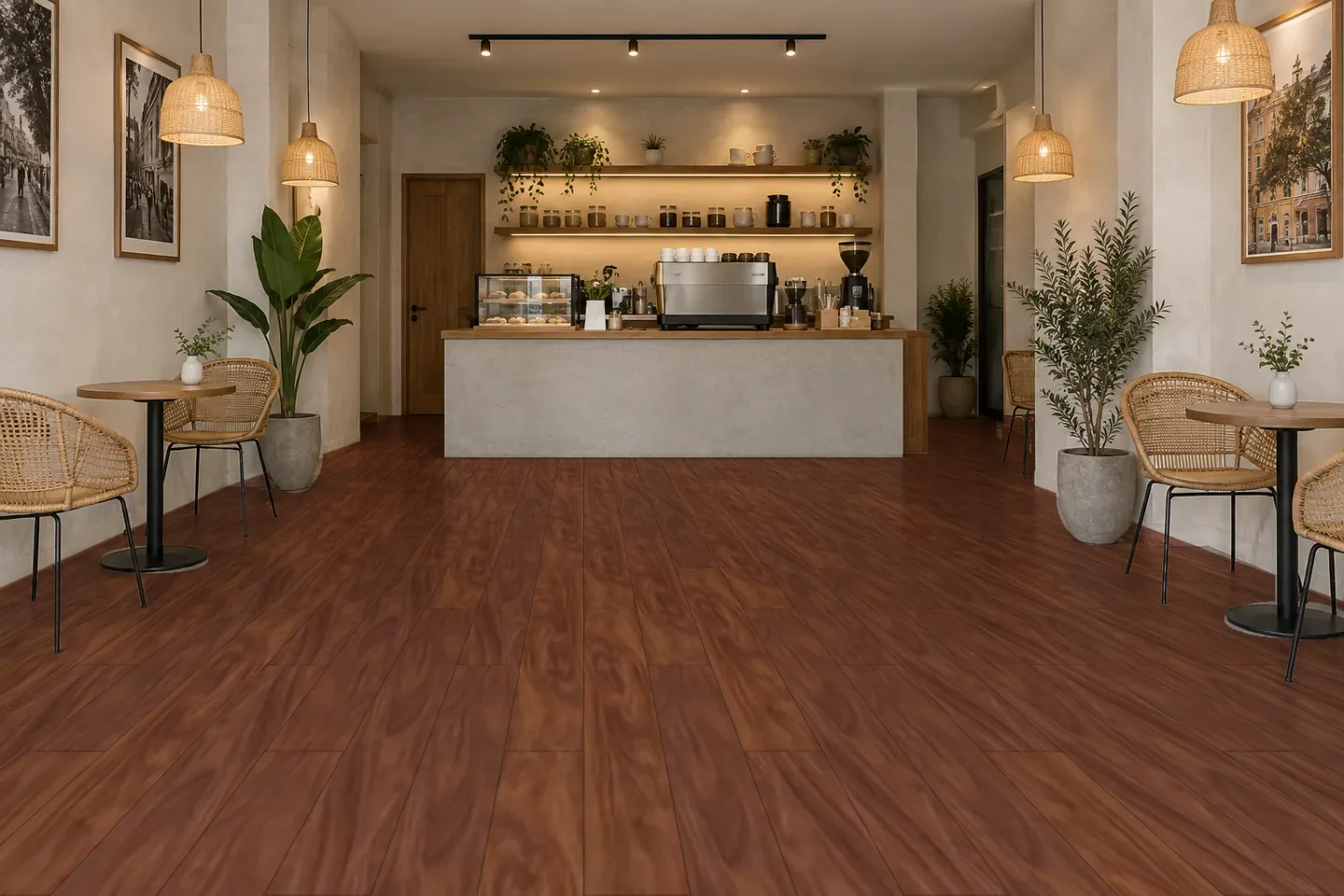 Sàn quán cà phê SPC1005 Vân gỗ nâu vừa ốp quán cà phê