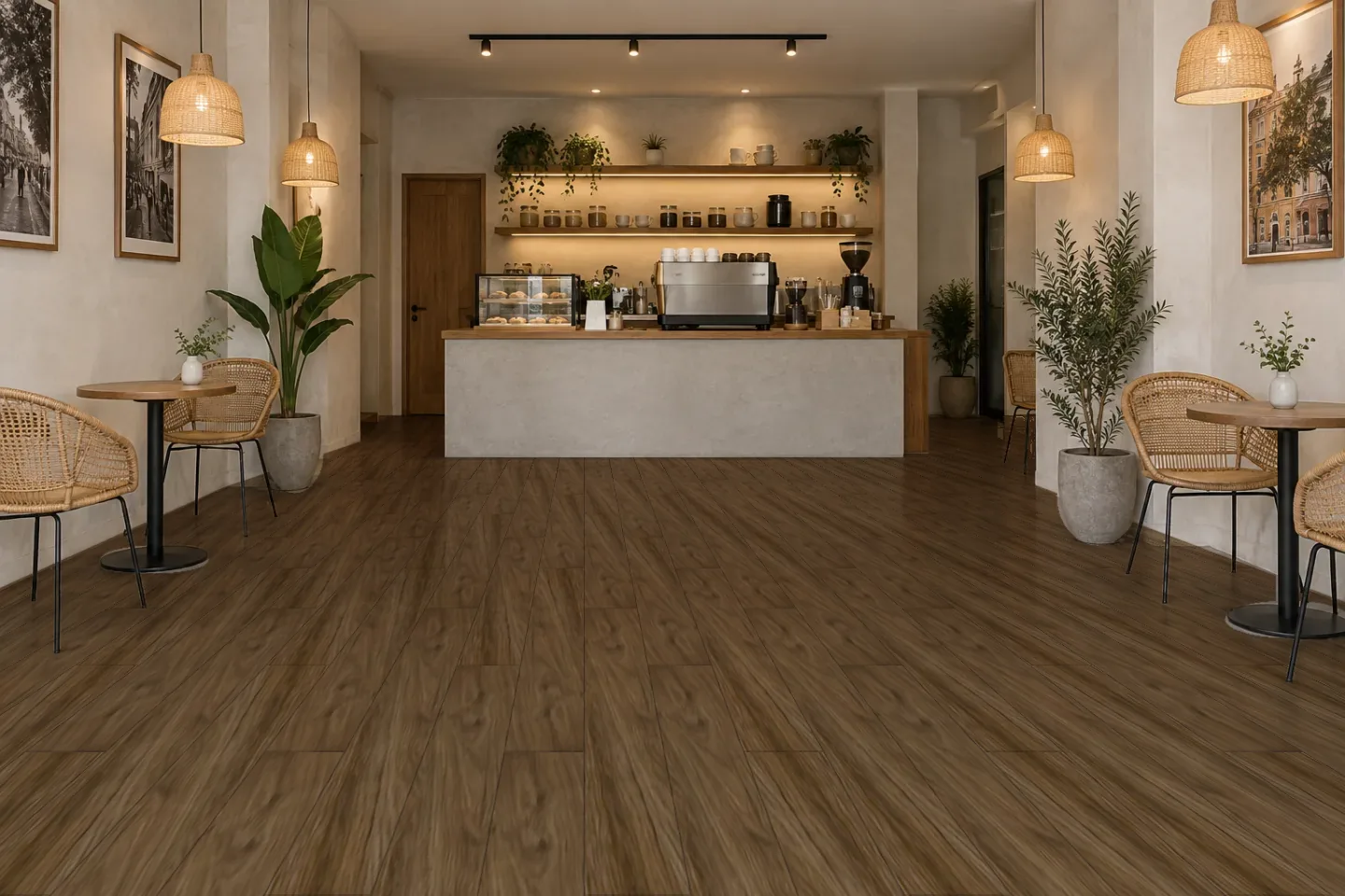 Sàn quán cà phê SPC1006 Vân gỗ nâu vừa ốp quán cà phê