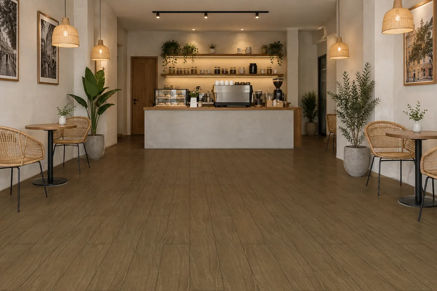 Sàn quán cà phê SPC1007 Vân gỗ nâu vừa ốp quán cà phê