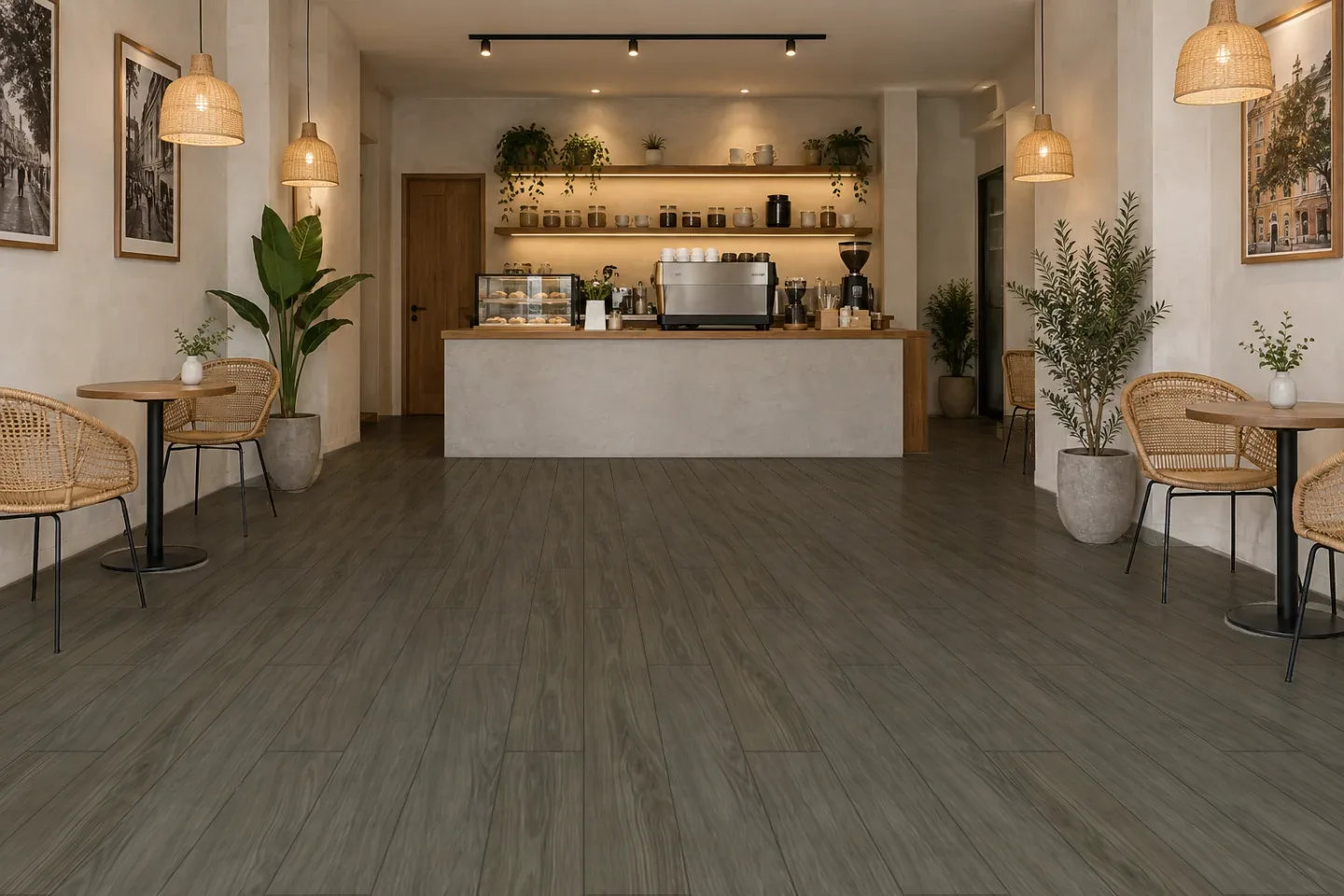 Sàn quán cà phê SPC1012 Vân gỗ xám ốp quán cà phê