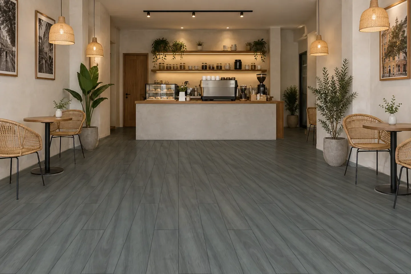 Sàn quán cà phê SPC1014 Vân gỗ xám ốp quán cà phê