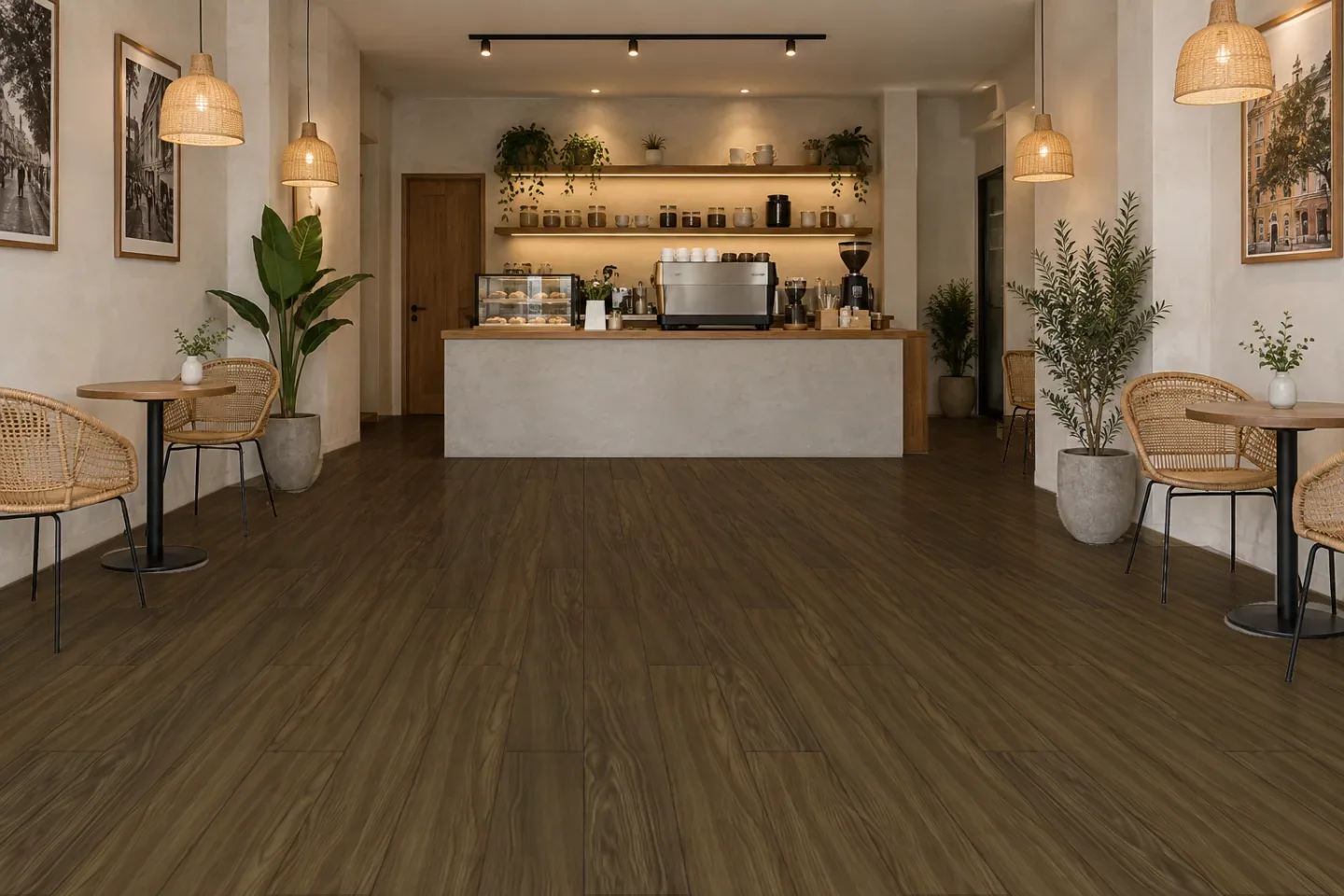 Sàn quán cà phê SPC1015 Vân gỗ nâu vừa ốp quán cà phê