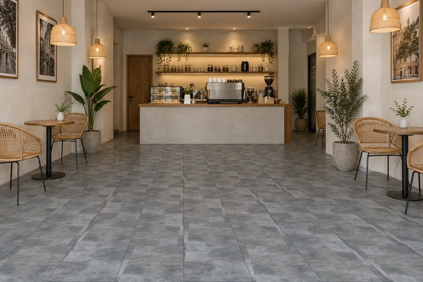 Sàn quán cà phê SPC2202 Vân bê tông xám ốp quán cà phê