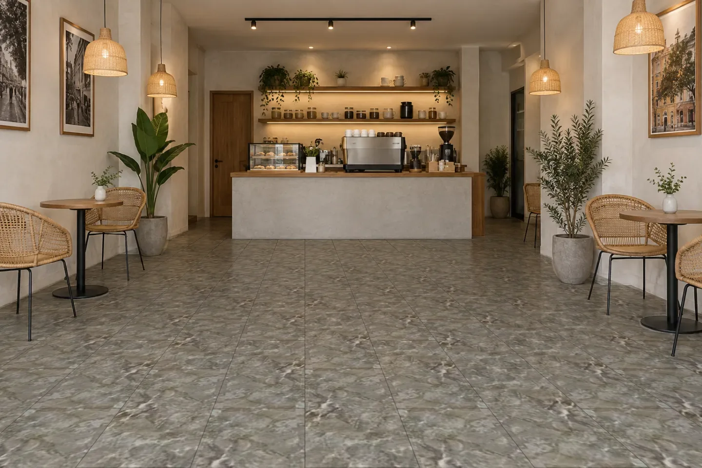 Sàn quán cà phê SPC2204 Vân đá nâu vừa ốp quán cà phê