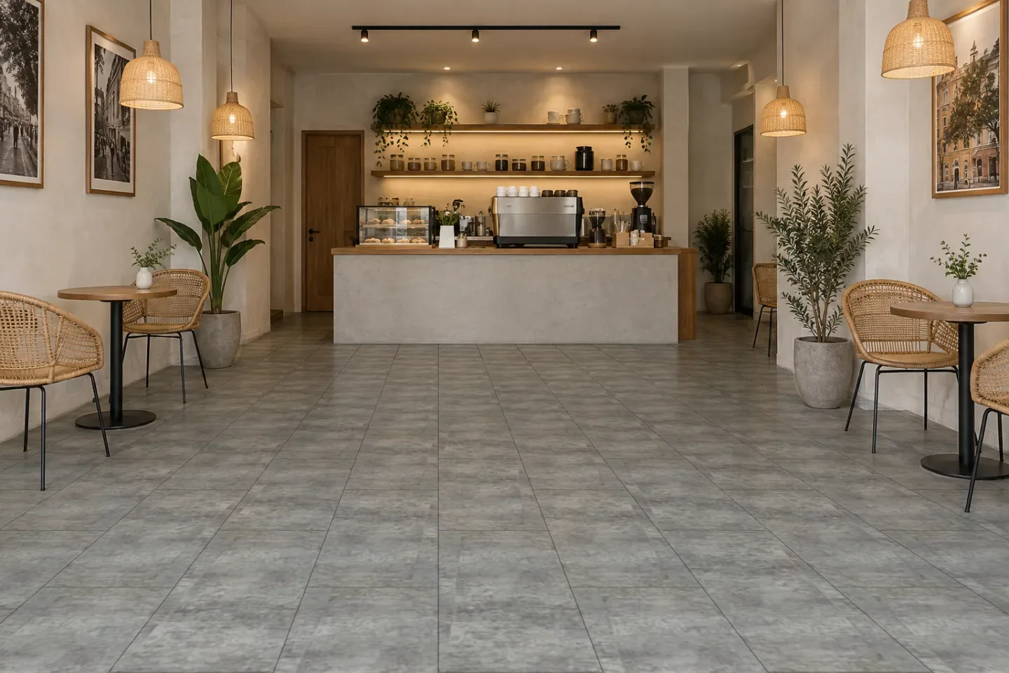 Sàn quán cà phê SPC2205 Vân bê tông xám ốp quán cà phê
