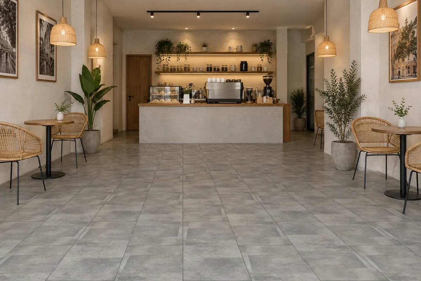 Sàn quán cà phê SPC2206 Vân bê tông xám ốp quán cà phê