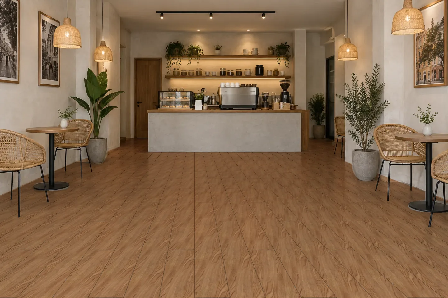 Sàn quán cà phê US105 Vân gỗ nâu vừa ốp quán cà phê