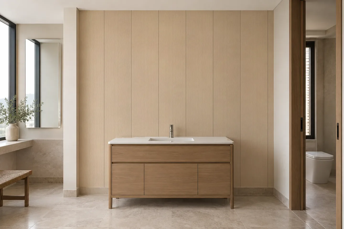 Vách ngăn nhựa VN-912 Vân gỗ be ốp khu lavabo