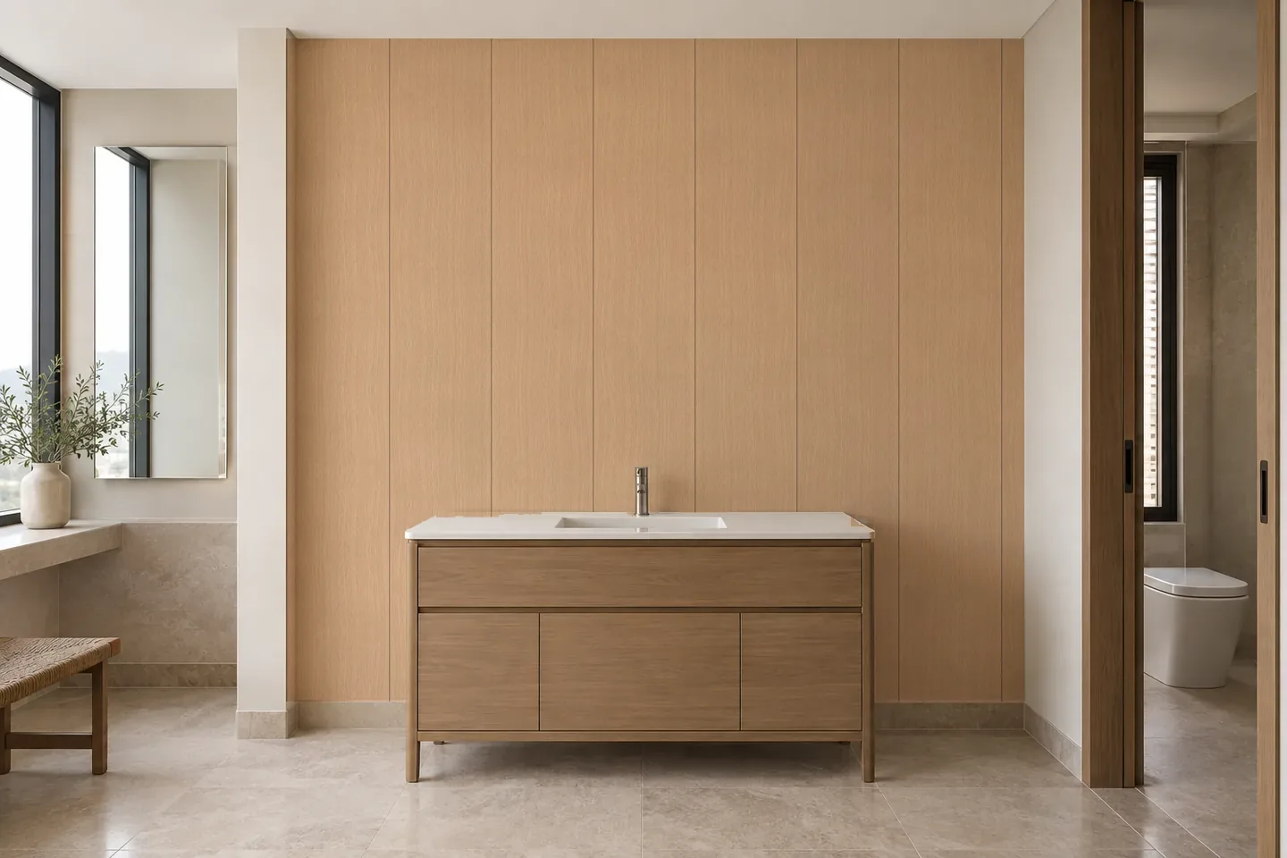 Vách ngăn nhựa VN-913 Vân gỗ sáng ốp khu lavabo